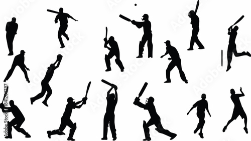 Collection of black silhouette icons depicting various dynamic actions and poses of cricket players in sport