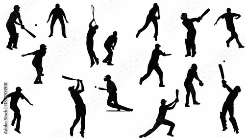 Collection of black silhouette vector graphics depicting various dynamic cricket and baseball sports actions on white