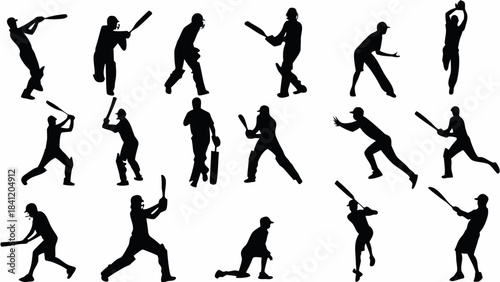 Collection of black silhouette vector icons depicting various dynamic actions of cricket players in sport