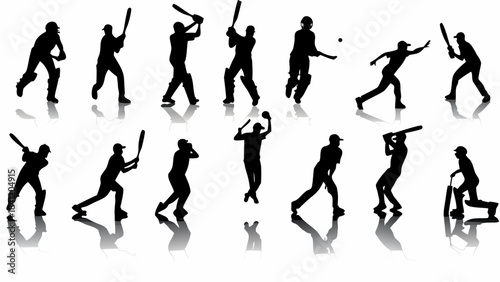 Collection of black cricket player silhouettes showing batting bowling and fielding actions with reflections