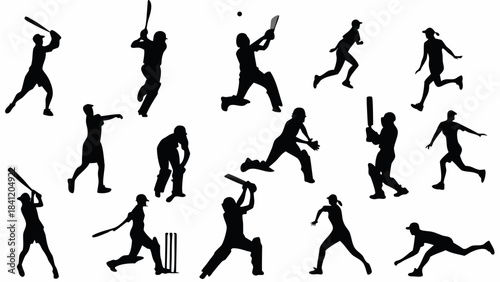 Collection of diverse black cricket player silhouettes demonstrating various batting bowling and fielding actions