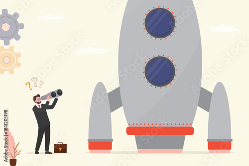 Male investor search new projects for investment. Businessman uses binoculars and look high at giant innovative rocket, launch company. Funding startup company,