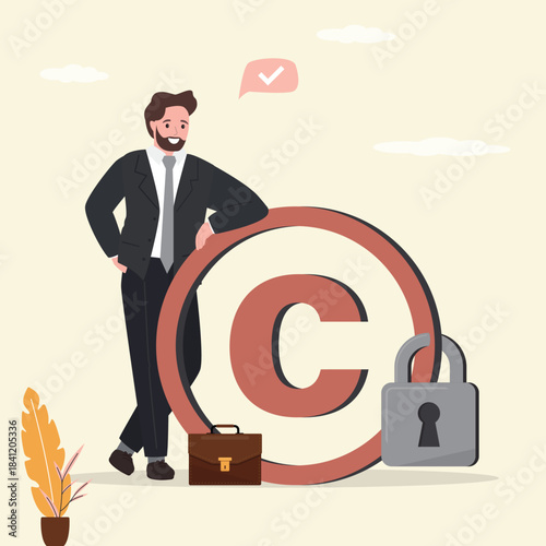 Confident businessman standing with huge copyright symbol. Trademark, intellectual property or license protection concept. Business guard or lawyer with copyright.