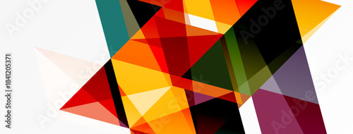 Abstract geometric shapes overlap, creating vibrant color contrasts. Composition features angular forms, dynamic energy, modern aesthetic.