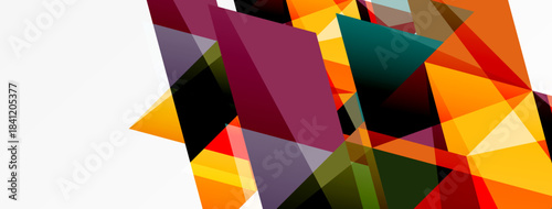 Abstract geometric shapes overlap. Orange, red, purple hues dominate composition. Minimalist design with sharp angles, clean lines.