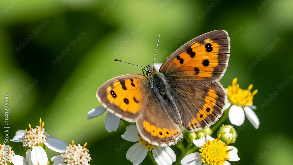 Fototapeta premium Orange Butterfly on White Wildflowers