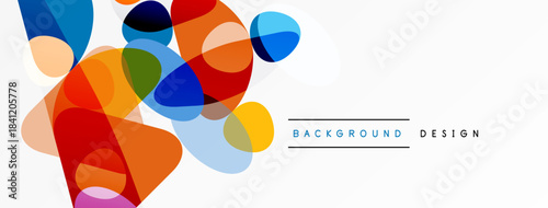 Abstract colorful shapes overlap white space. Modern design elements create dynamic visual texture. Bright hues offer clean aesthetic.