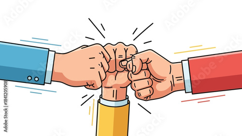 Illustration of three fists from diverse sleeves bumping together at the center, teamwork