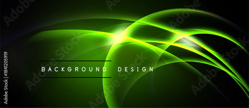 Abstract green neon lines create dynamic curves. Bright central glow emphasizes flowing energy, dark background enhances visual impact.