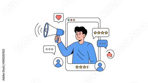 Man with megaphone announces social media engagement, reviews, and likes