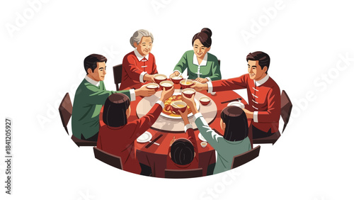 Multi-generational group toasts with bowls around a festive table, enjoying a shared meal