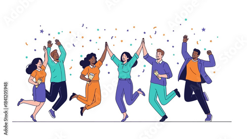 Six happy, diverse people jump excitedly, hands raised, celebrating with confetti