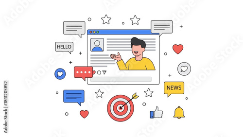 Social media concept with man in browser, communication, engagement, marketing icons