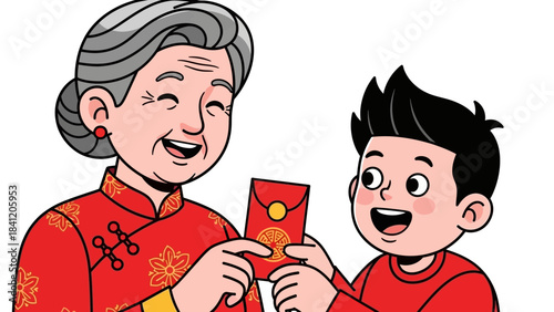 Smiling grandmother gives lucky red envelope to a happy boy, celebrating tradition