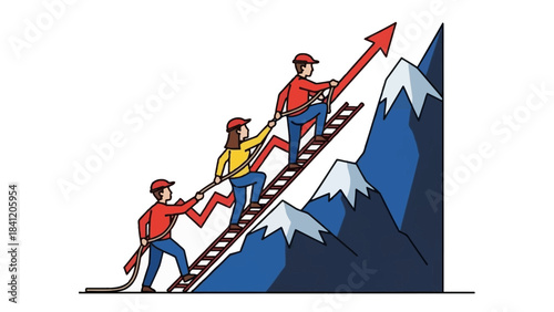 Team climbs ladder on red arrow graph toward mountaintop