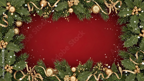 Festive Holiday Decoration, Christmas Theme, Red Background, Digital Illustration, Cheerful Atmosphere, Close-Up View, Seasonal Celebration