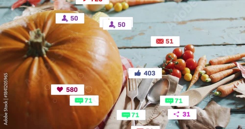 Pumpkin left while social badges appearing from edges, floating, clustering, showing engagement