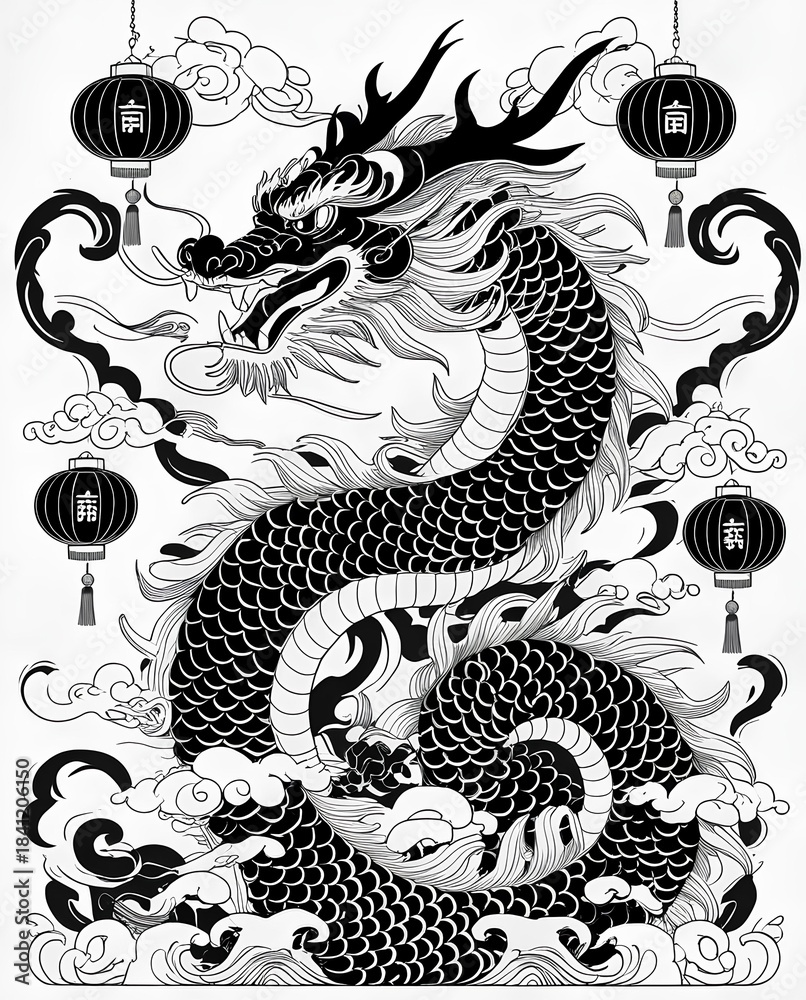Fototapeta premium Chinese Dragon Illustration with Black Kanji Symbol