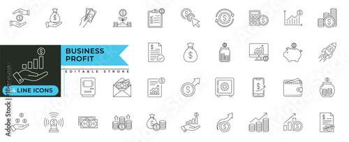 Business profit line icons set featuring financial growth, revenue increase, investment strategy, analytics, savings, budgeting, sales performance, money management and economic progress symbols