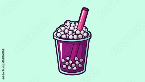 Cartoon Boba Tea Illustration with Tapioca Pearls and Pink Straw.
