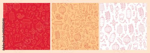 Chinese New Year seamless patterns collection with doodles on red, yellow and white background for wallpapers, wrapping paper, textile prints, backgrounds, banners, holiday decor, etc. EPS 10
