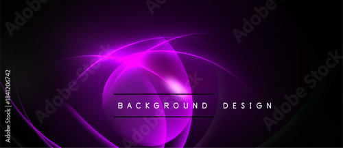 Abstract purple design features flowing lines, bright center glow. Text reads background design. Dark background enhances vibrant colors.