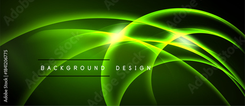 Bright green abstract lines form dynamic wave pattern. Dark background emphasizes glowing curves, creating modern visual effect.