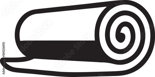 A minimalistic monochrome illustration of a rolled yoga mat, portraying a symbol of wellness and serenity.