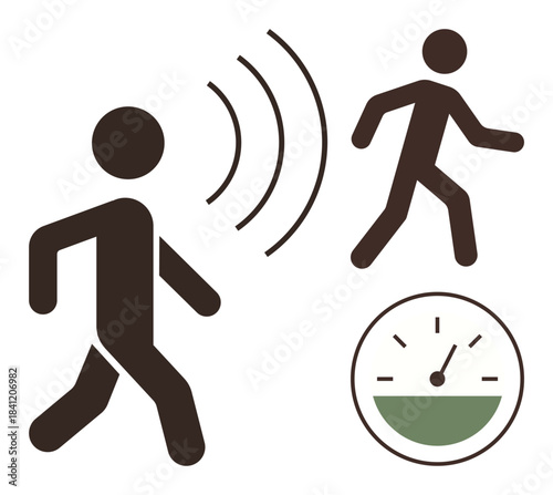 Person triggering sensor with signal waves, another walking away, and a speed meter. Ideal for motion detection, activity tracking, safety, automation, alerts smart devices technology. Simple flat