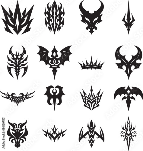 Set of Tribal Tattoo Style Vector Logos and Black Silhouette Icons Ideal for Gaming, Fantasy, and Dark Art Design.