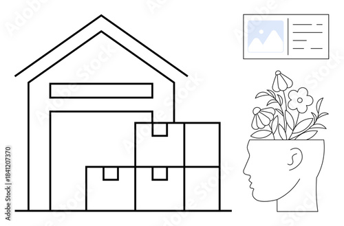 Warehouse structure filled with stacked boxes, head silhouette with blooming flowers, and a framed image icon. Ideal for logistics, productivity, mental health, storage solutions, creativity