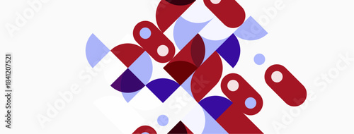 Abstract geometric shapes overlap. Red, purple, lavender hues dominate white background. Modern design, simple composition.