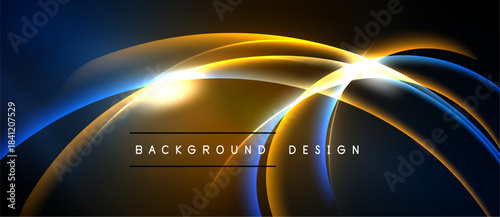 Abstract design features flowing lines, vibrant colors. Golden, blue hues create dynamic visual effect. Light radiates from central point.