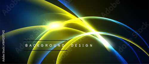 Abstract design features flowing yellow, blue lines. Dark background enhances vibrant glow, creating dynamic visual effect. Modern, sleek presentation.