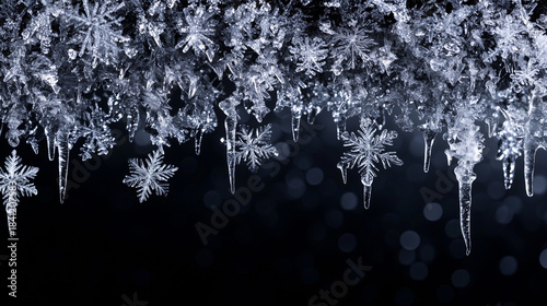 Silver hanging snowflakes border on black background. Winter holiday decoration with copy space for text