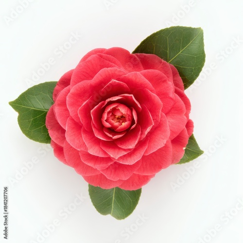 Scarlet Bloom: A close-up showcases a vibrant red camellia, its intricate petals radiating outwards, with fresh, green leaves completing the delicate picture.