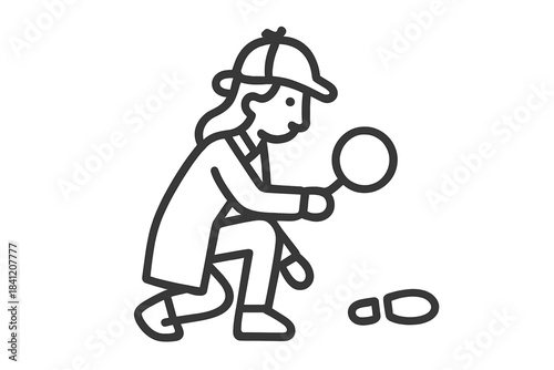 Person uses magnifying glass to examine footprints during a mystery investigation in a park on a sunny day