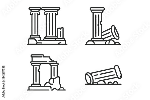 Ancient ruins of columns show signs of decay and time in various positions on a simple background