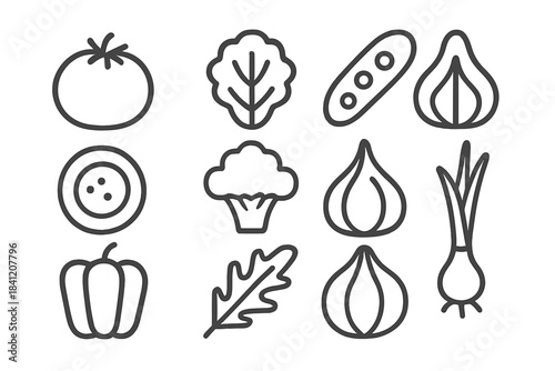 Collection of vegetable icons showing various types of produce including tomatoes, onions, and lettuce