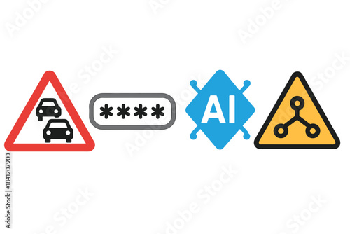 Traffic signs and symbols showing warnings and technology in a modern context for drivers and users
