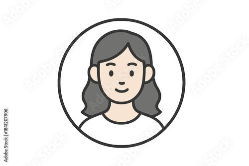 Drawing of a young woman with long, wavy hair in a simple round frame on a plain background
