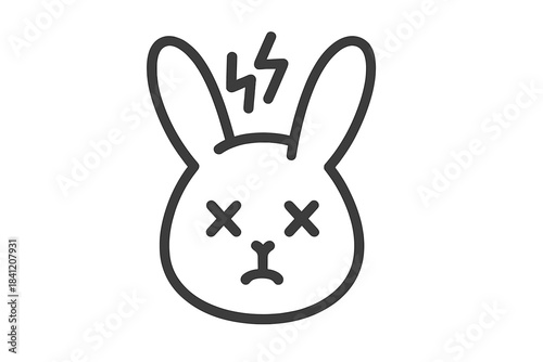 Cartoon rabbit face with a sad expression and lightning bolts above its head showing shock or surprise