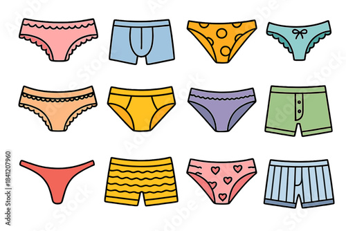 Colorful collection of various underwear types displayed on a flat surface showing different styles and patterns