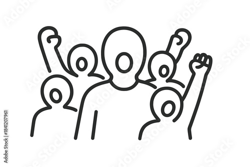 People raise their fists during a gathering in support of their cause in a public place