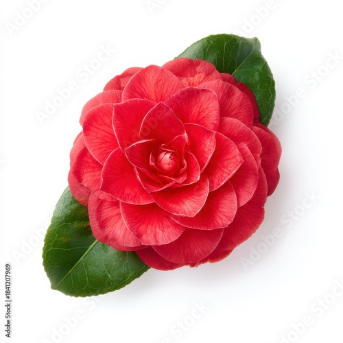 Crimson Blossom's Elegance: A striking, red camellia flower, in full bloom, showcases its intricate layers and vibrant color against the backdrop of fresh green leaves.