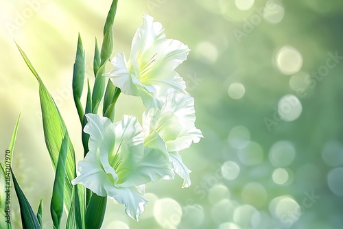 Elegant white gladiolus flowers bloom gracefully amidst softly blurred green bokeh lights in springtime