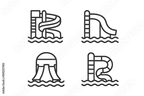 Waterslides in a water park with different designs and styles for fun and enjoyment during summer days