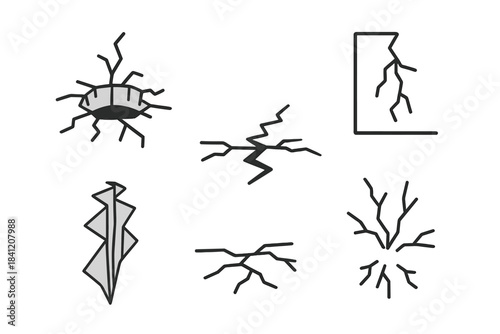 Simple designs show cracks and fissures in various shapes within a white background setting