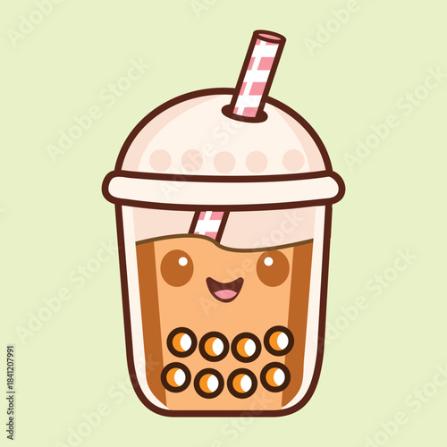 Cute kawaii vector icon of a smiling bubble tea cup with chubby cheeks and illustration 