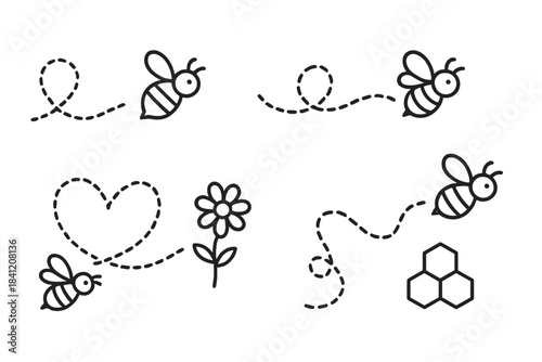 Bees flying in different patterns near flowers and honeycomb in a simple line drawing style